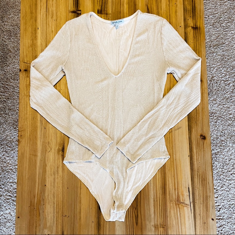 Gold Champagne Shimmer Stretchy V Neck Bodysuit